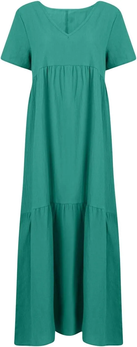 Linen Dress Women Summer Short Sleeve Tiered Maxi Plus Size Dresses Flowy Tshirt V Neck Beach Empire Waist Dress