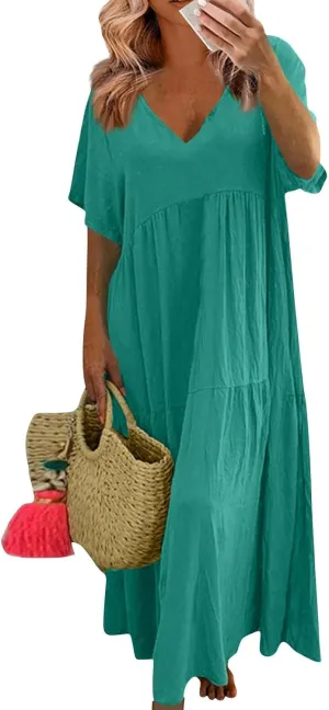 Linen Dress Women Summer Short Sleeve Tiered Maxi Plus Size Dresses Flowy Tshirt V Neck Beach Empire Waist Dress