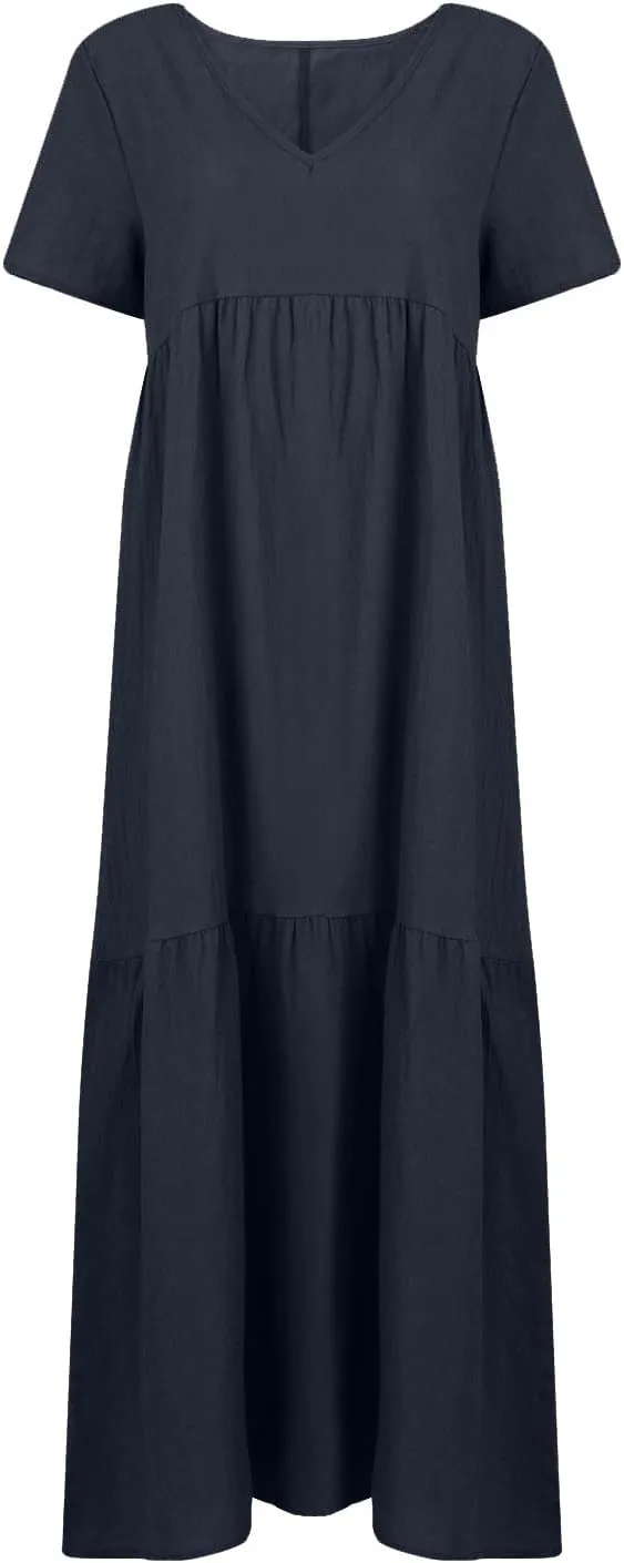 Linen Dress Women Summer Short Sleeve Tiered Maxi Plus Size Dresses Flowy Tshirt V Neck Beach Empire Waist Dress