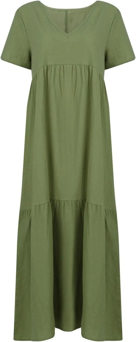 Linen Dress Women Summer Short Sleeve Tiered Maxi Plus Size Dresses Flowy Tshirt V Neck Beach Empire Waist Dress