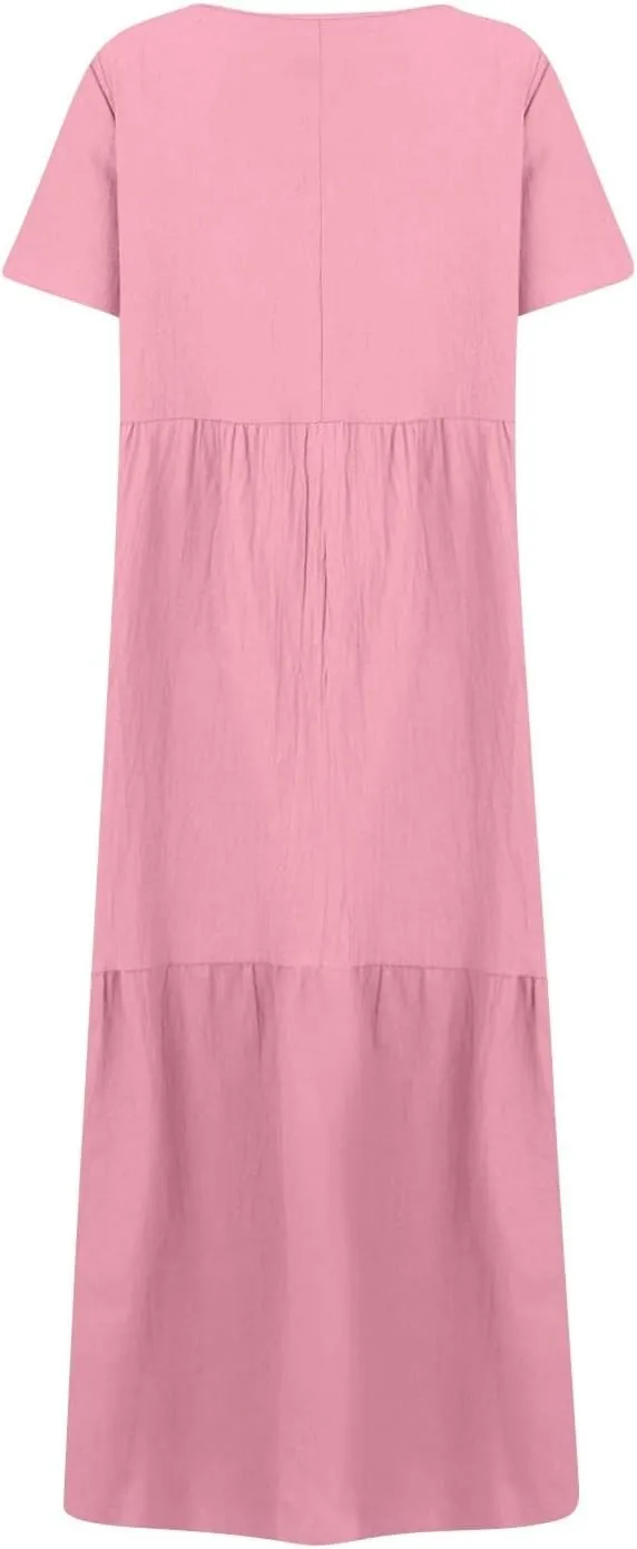 Linen Dress Women Summer Short Sleeve Tiered Maxi Plus Size Dresses Flowy Tshirt V Neck Beach Empire Waist Dress