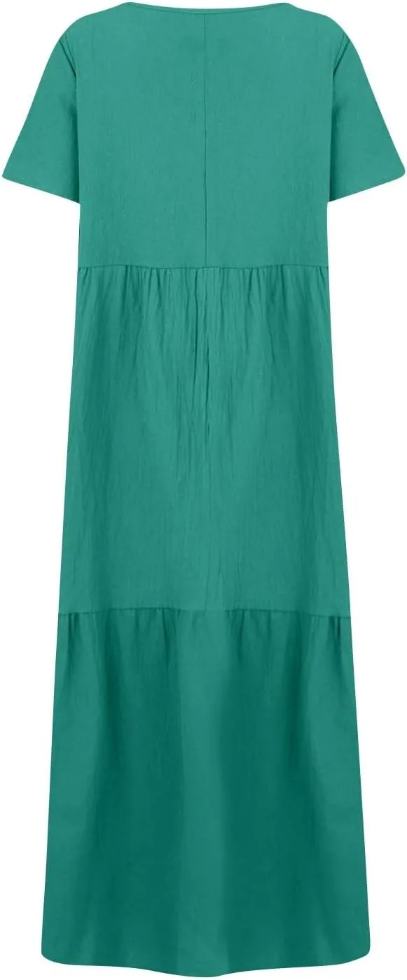 Linen Dress Women Summer Short Sleeve Tiered Maxi Plus Size Dresses Flowy Tshirt V Neck Beach Empire Waist Dress