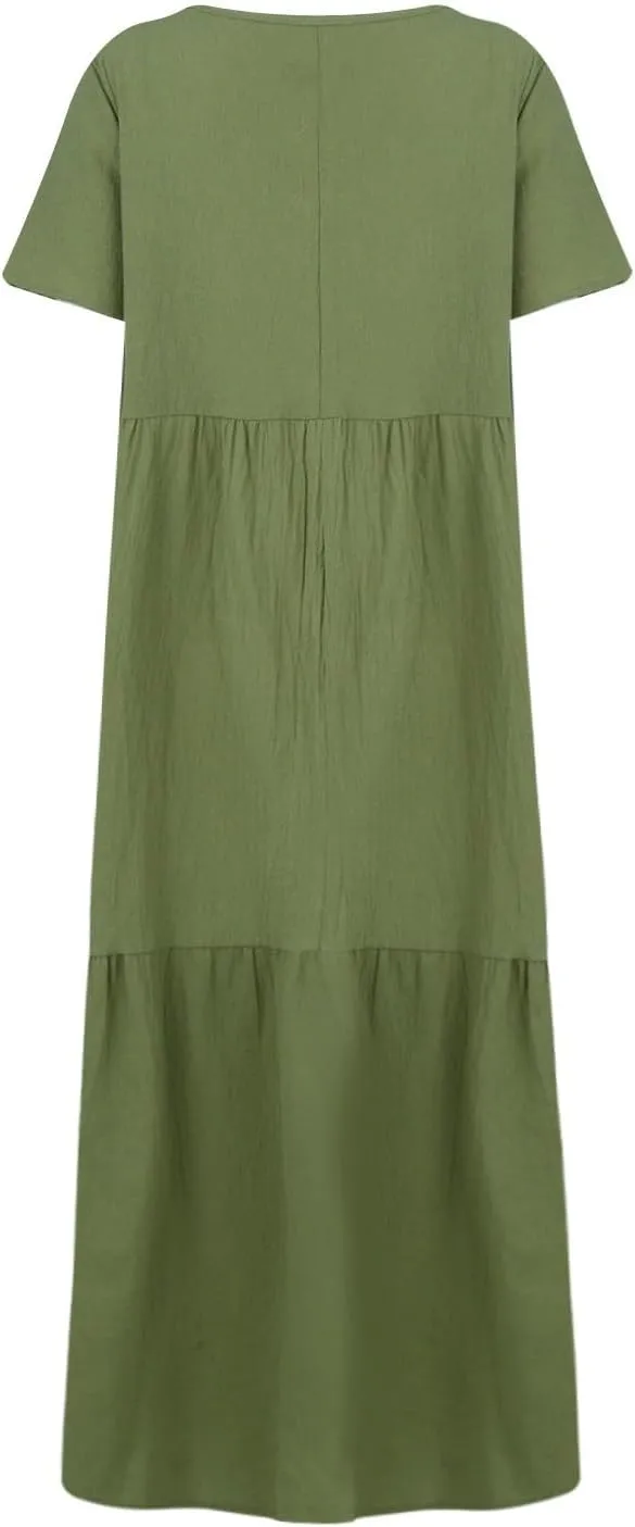 Linen Dress Women Summer Short Sleeve Tiered Maxi Plus Size Dresses Flowy Tshirt V Neck Beach Empire Waist Dress