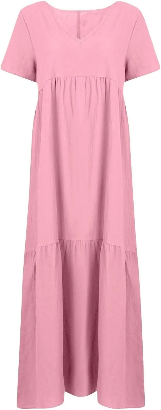 Linen Dress Women Summer Short Sleeve Tiered Maxi Plus Size Dresses Flowy Tshirt V Neck Beach Empire Waist Dress