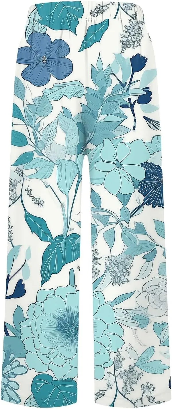 Linen Pants for Women Summer Casual High Waist Boho Floral Cropped Pants Tapered Beach Trousers Capri Pants Pockets