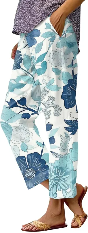 Linen Pants for Women Summer Casual High Waist Boho Floral Cropped Pants Tapered Beach Trousers Capri Pants Pockets