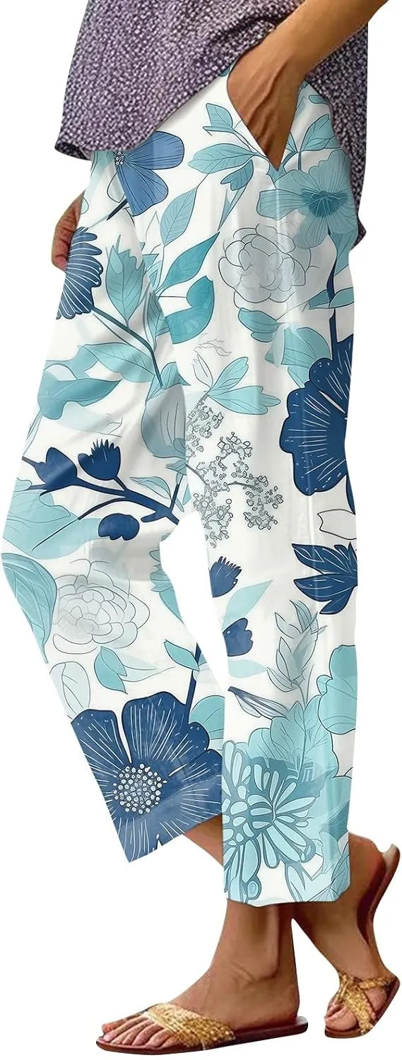 Linen Pants for Women Summer Casual High Waist Boho Floral Cropped Pants Tapered Beach Trousers Capri Pants Pockets