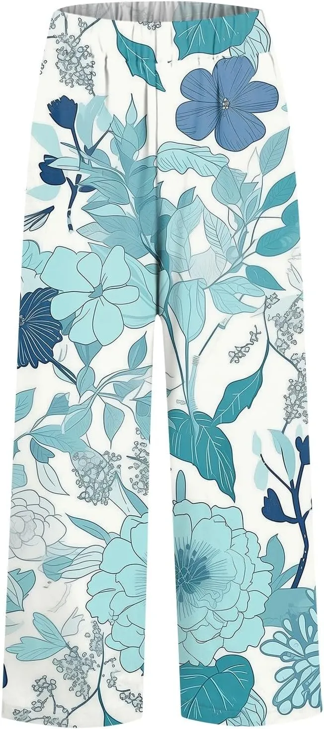 Linen Pants for Women Summer Casual High Waist Boho Floral Cropped Pants Tapered Beach Trousers Capri Pants Pockets