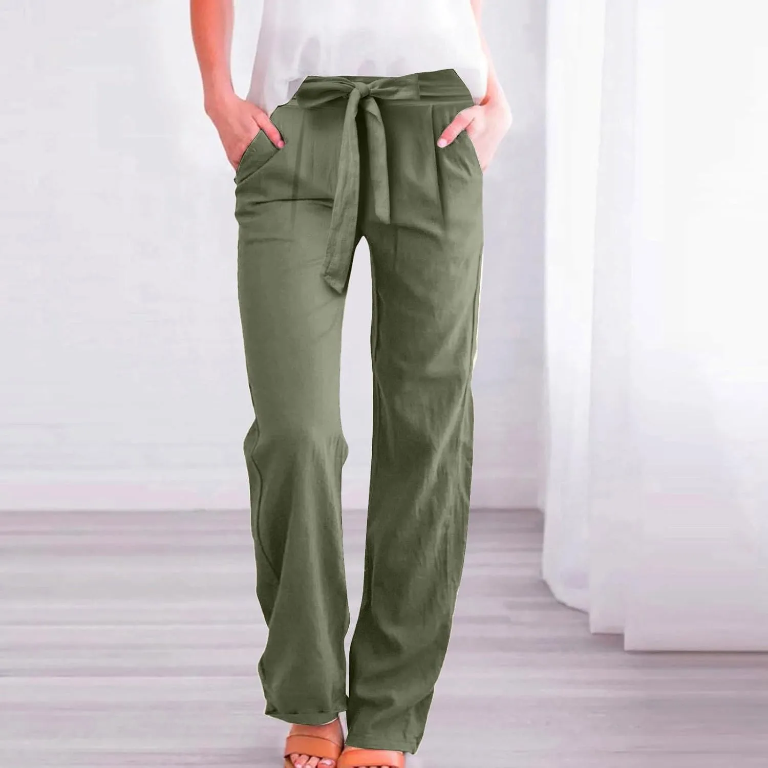 Linen Pants Women Business Casual High Elastic Waist Dress Pants with Pockets Plus Size Summer Wide Leg Lounge Trousers