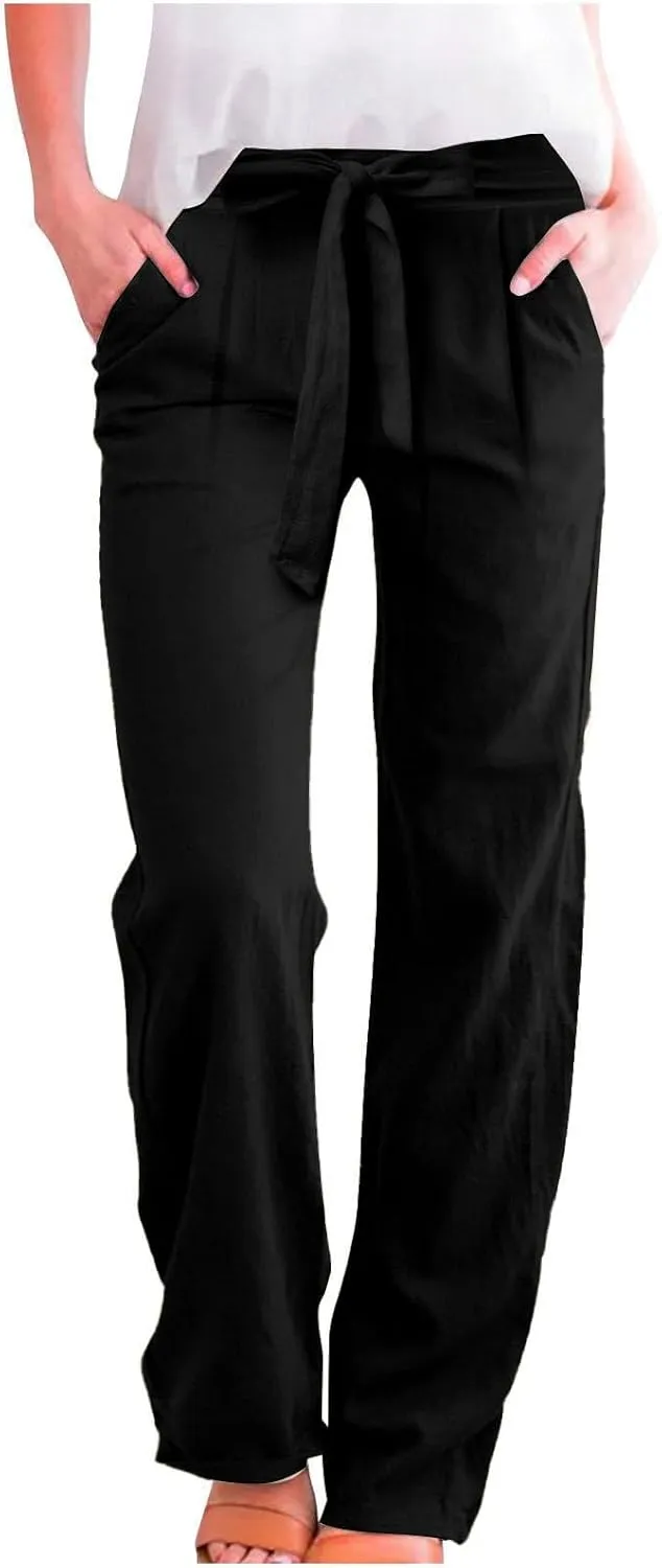 Linen Pants Women Business Casual High Elastic Waist Dress Pants with Pockets Plus Size Summer Wide Leg Lounge Trousers