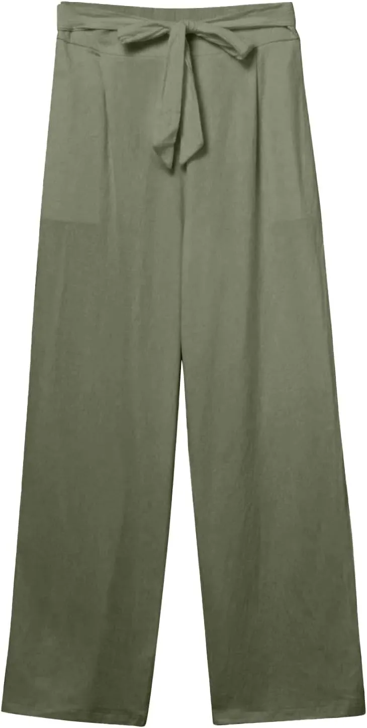 Linen Pants Women Business Casual High Elastic Waist Dress Pants with Pockets Plus Size Summer Wide Leg Lounge Trousers