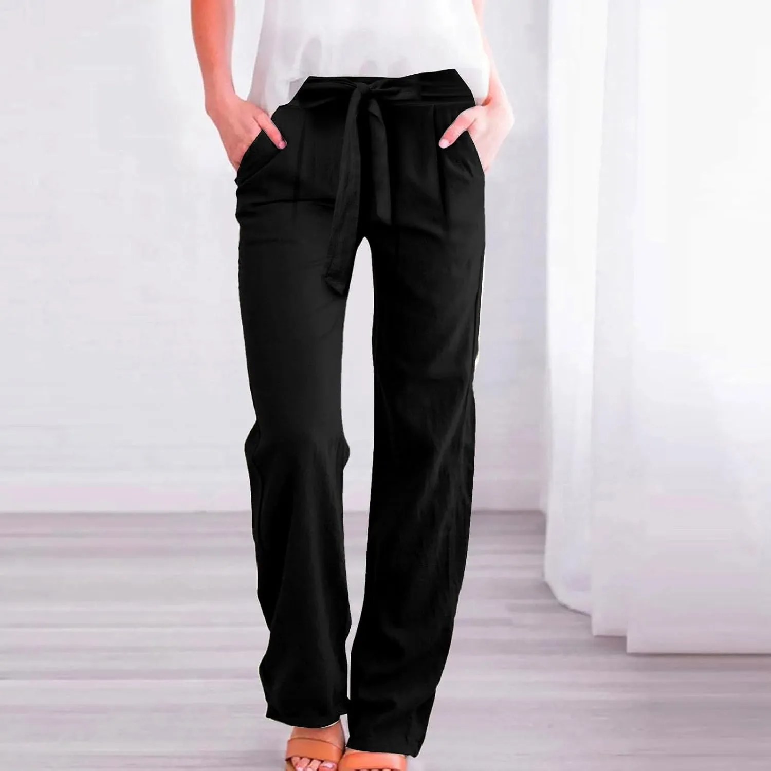 Linen Pants Women Business Casual High Elastic Waist Dress Pants with Pockets Plus Size Summer Wide Leg Lounge Trousers