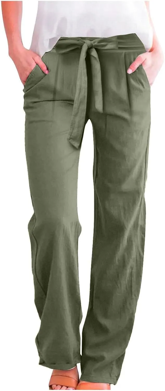 Linen Pants Women Business Casual High Elastic Waist Dress Pants with Pockets Plus Size Summer Wide Leg Lounge Trousers