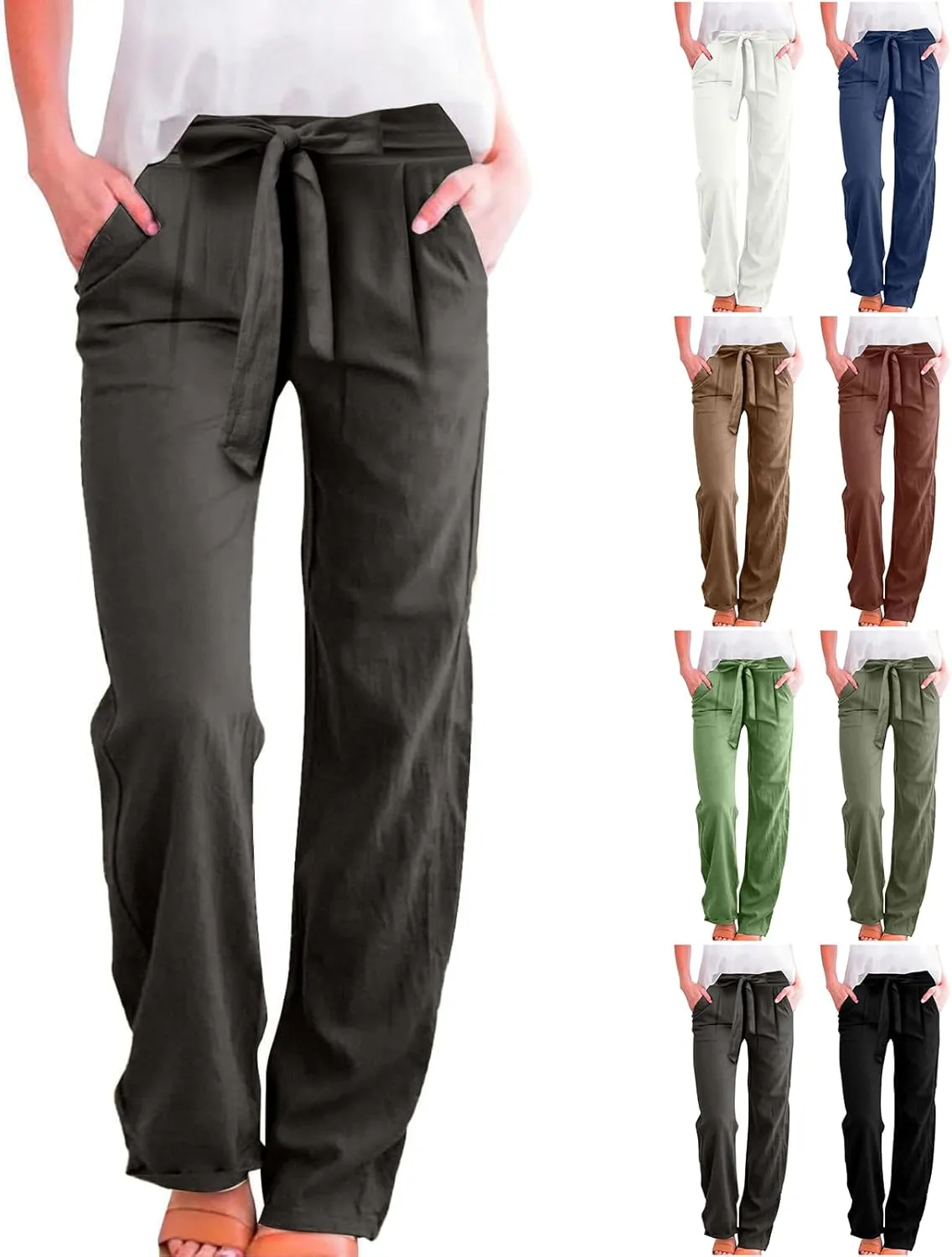 Linen Pants Women Business Casual High Elastic Waist Dress Pants with Pockets Plus Size Summer Wide Leg Lounge Trousers
