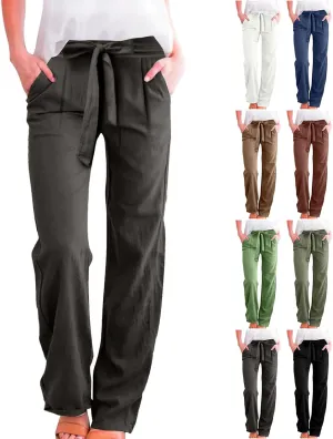 Linen Pants Women Business Casual High Elastic Waist Dress Pants with Pockets Plus Size Summer Wide Leg Lounge Trousers