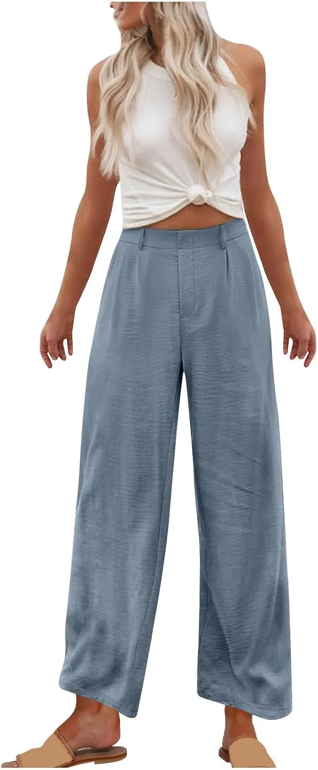 Linen Pants Women Casual Summer Beach Yoga High Waist Dress Pants Lightweight Flat Front Resort Wear Wide Leg Trouser