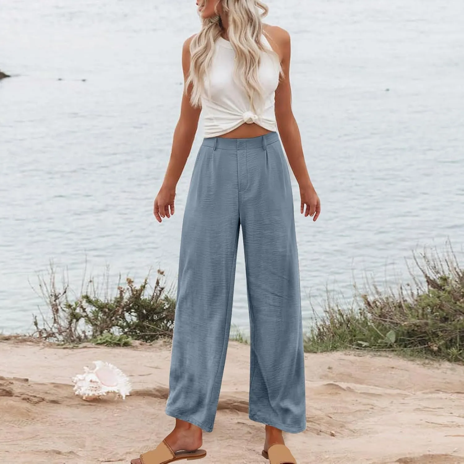 Linen Pants Women Casual Summer Beach Yoga High Waist Dress Pants Lightweight Flat Front Resort Wear Wide Leg Trouser