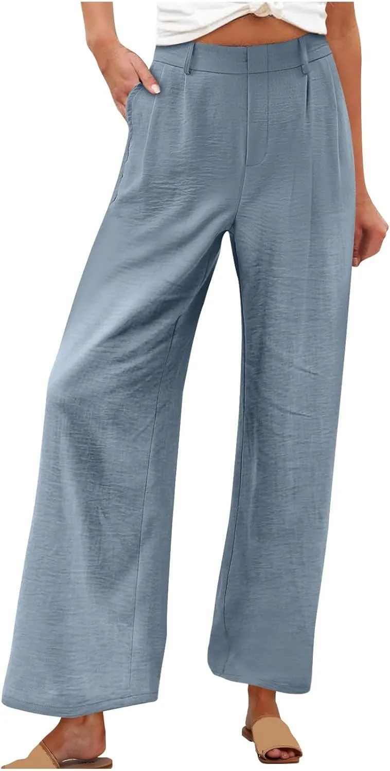 Linen Pants Women Casual Summer Beach Yoga High Waist Dress Pants Lightweight Flat Front Resort Wear Wide Leg Trouser