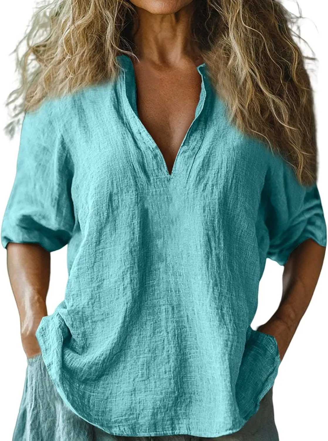 Linen Shirts for Women Long Sleeve V Neck Beach Tops Loose Fit Plus Size Summer Shirt Casual Fashion Travel Outfits