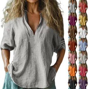 Linen Shirts for Women Long Sleeve V Neck Beach Tops Loose Fit Plus Size Summer Shirt Casual Fashion Travel Outfits