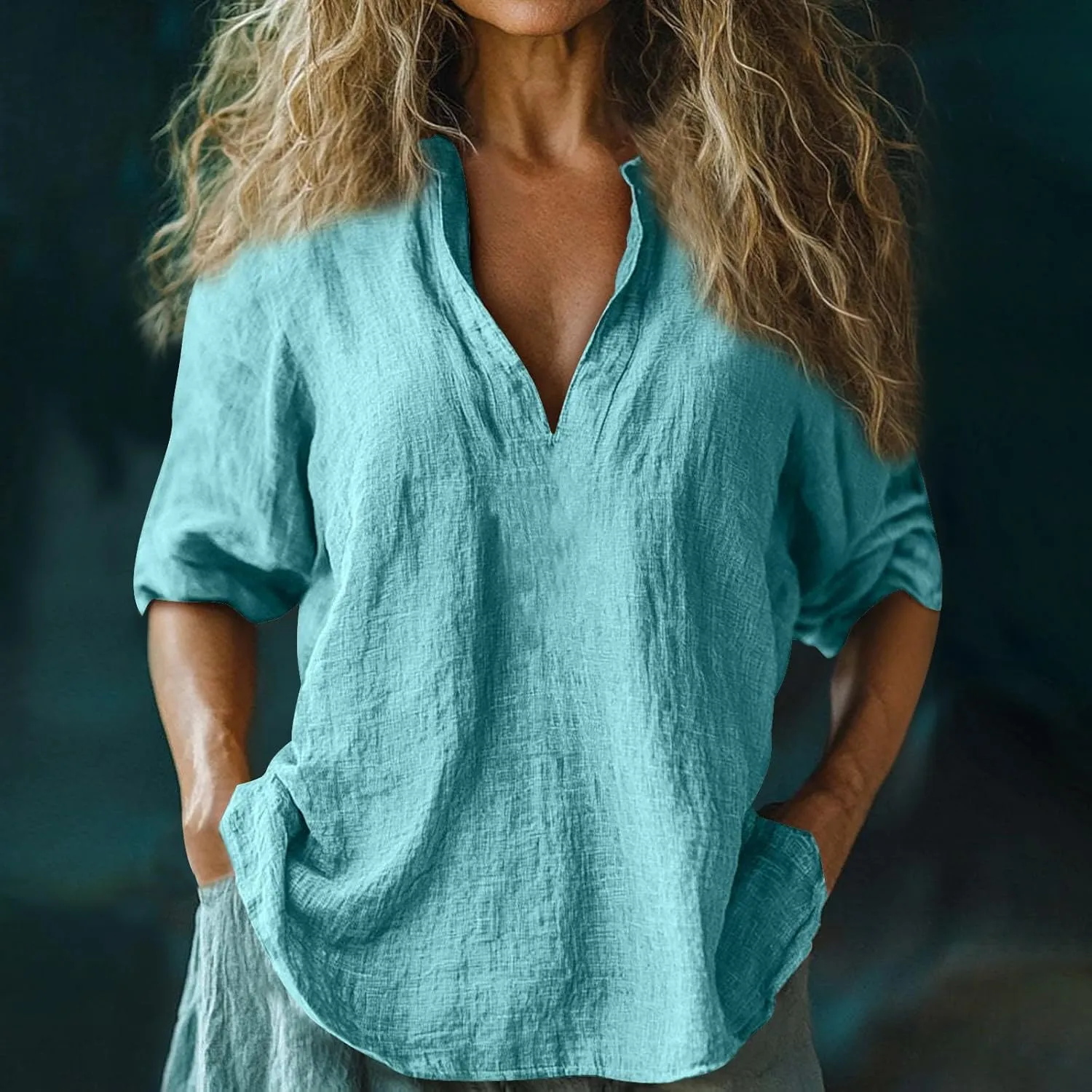 Linen Shirts for Women Long Sleeve V Neck Beach Tops Loose Fit Plus Size Summer Shirt Casual Fashion Travel Outfits