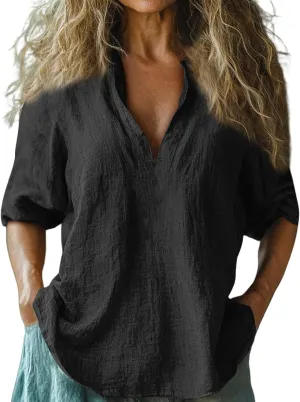 Linen Shirts for Women Long Sleeve V Neck Beach Tops Loose Fit Plus Size Summer Shirt Casual Fashion Travel Outfits