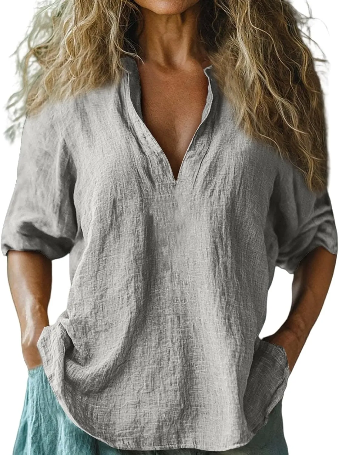 Linen Shirts for Women Long Sleeve V Neck Beach Tops Loose Fit Plus Size Summer Shirt Casual Fashion Travel Outfits