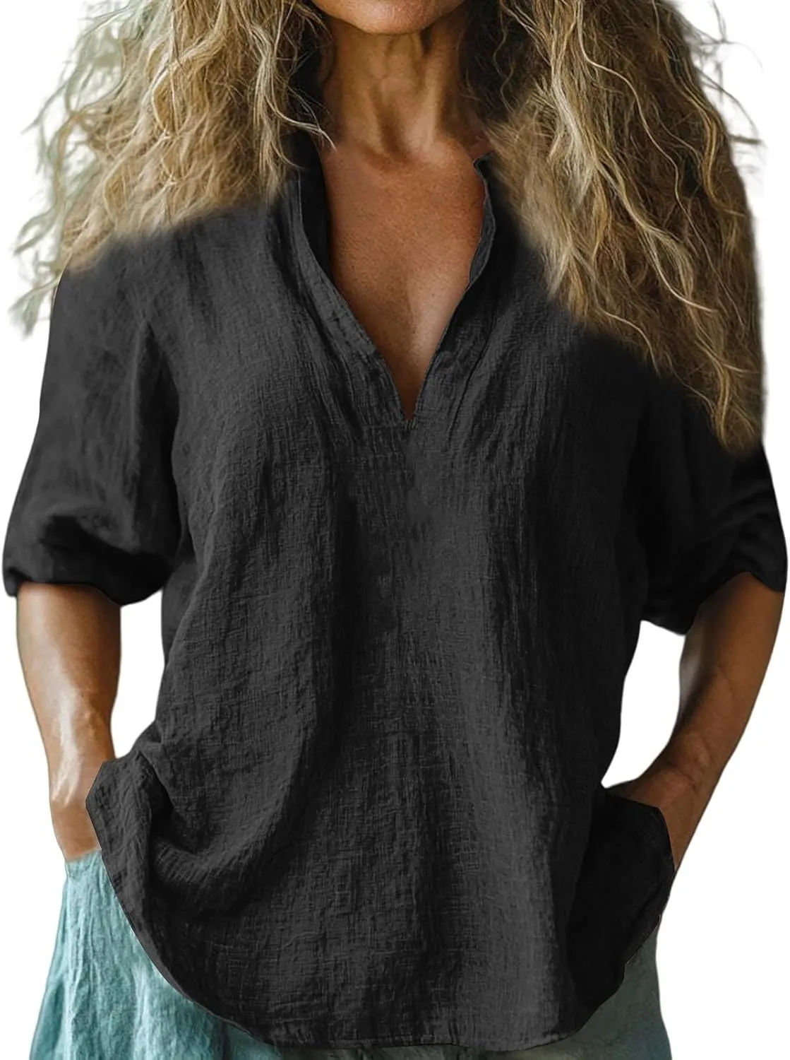 Linen Shirts for Women Long Sleeve V Neck Beach Tops Loose Fit Plus Size Summer Shirt Casual Fashion Travel Outfits