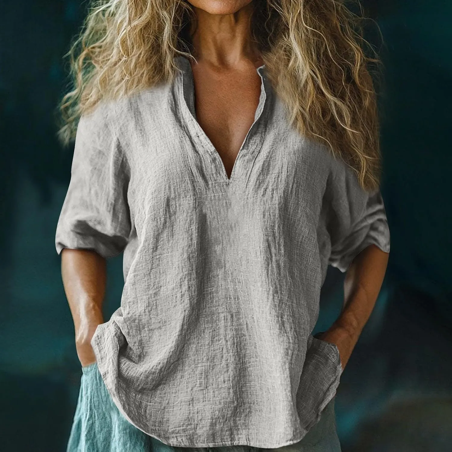 Linen Shirts for Women Long Sleeve V Neck Beach Tops Loose Fit Plus Size Summer Shirt Casual Fashion Travel Outfits