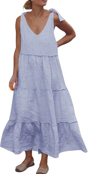 Linen Sundresses for Women 2025 Vacation Tie Shoulder V Neck Tiered Maxi Dress Flowy Summer Long Beach Sundress