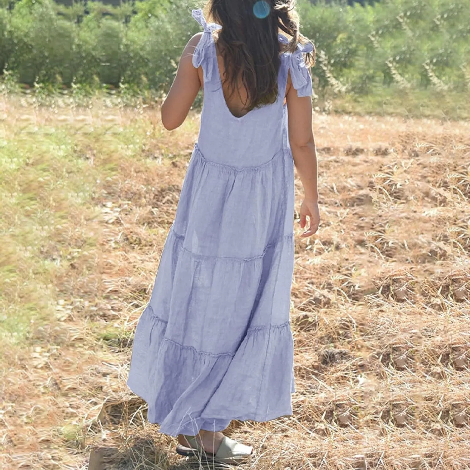 Linen Sundresses for Women 2025 Vacation Tie Shoulder V Neck Tiered Maxi Dress Flowy Summer Long Beach Sundress