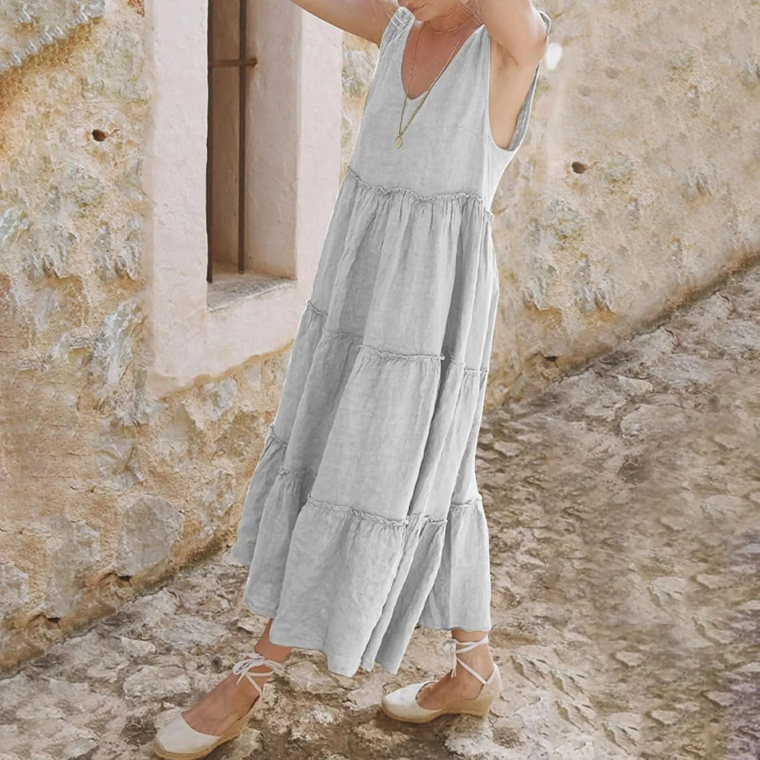 Linen Sundresses for Women 2025 Vacation Tie Shoulder V Neck Tiered Maxi Dress Flowy Summer Long Beach Sundress