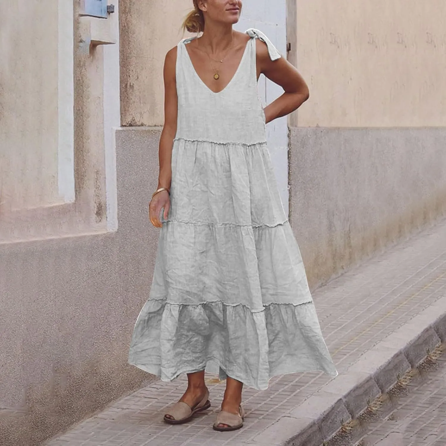 Linen Sundresses for Women 2025 Vacation Tie Shoulder V Neck Tiered Maxi Dress Flowy Summer Long Beach Sundress