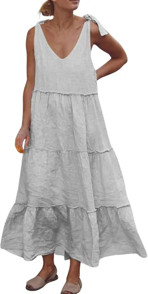 Linen Sundresses for Women 2025 Vacation Tie Shoulder V Neck Tiered Maxi Dress Flowy Summer Long Beach Sundress
