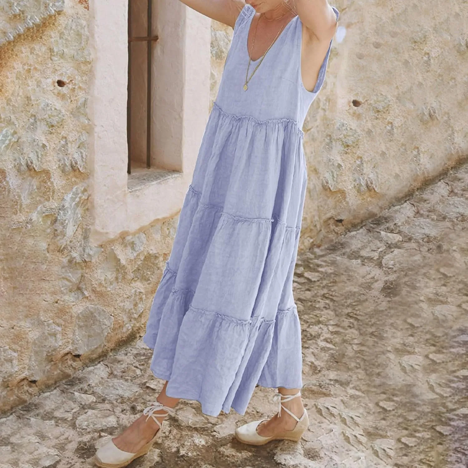 Linen Sundresses for Women 2025 Vacation Tie Shoulder V Neck Tiered Maxi Dress Flowy Summer Long Beach Sundress