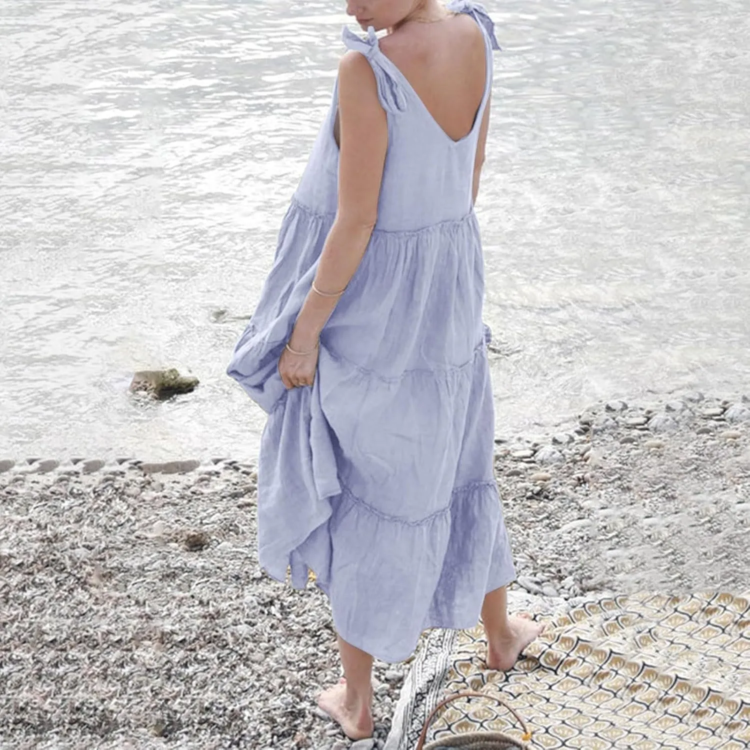 Linen Sundresses for Women 2025 Vacation Tie Shoulder V Neck Tiered Maxi Dress Flowy Summer Long Beach Sundress