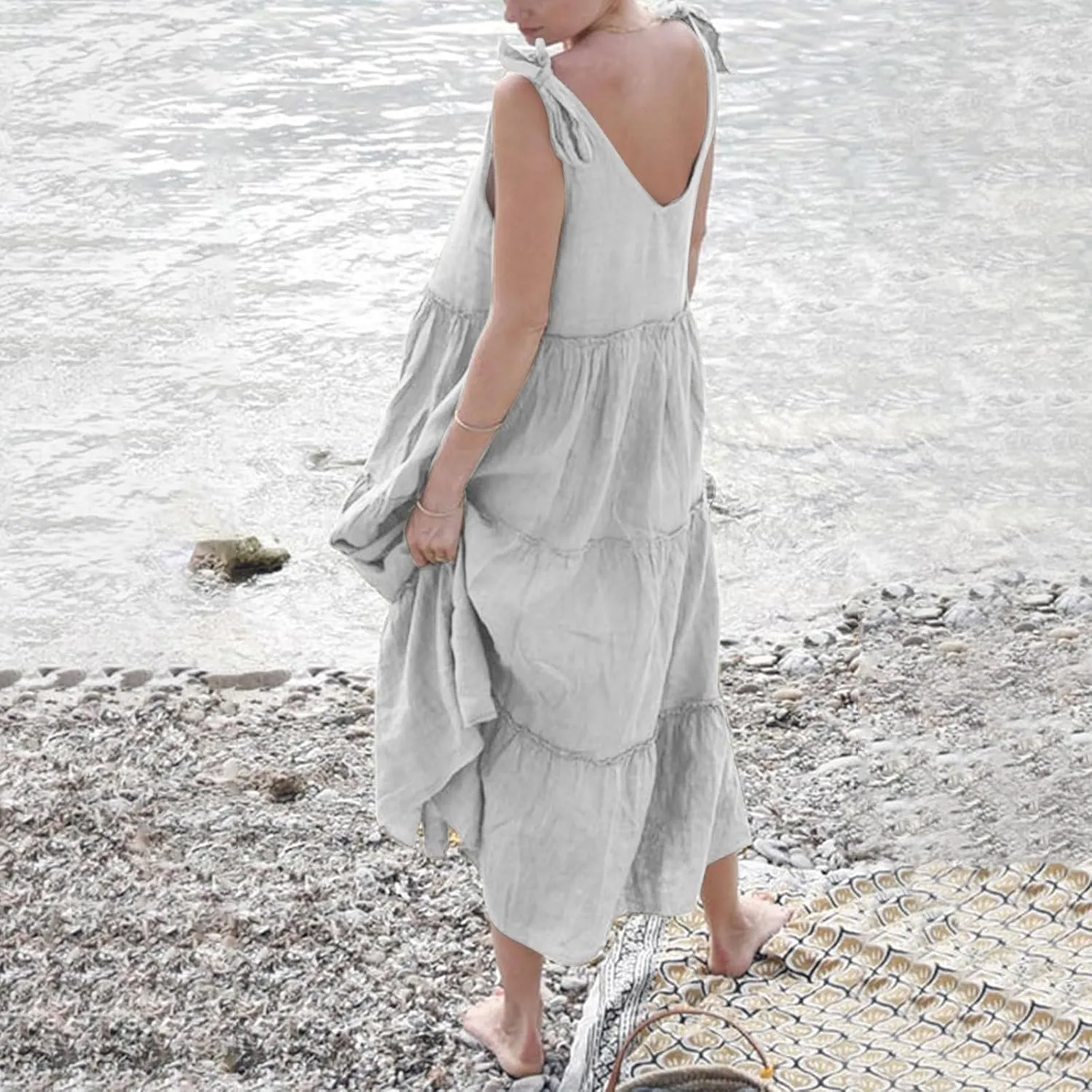 Linen Sundresses for Women 2025 Vacation Tie Shoulder V Neck Tiered Maxi Dress Flowy Summer Long Beach Sundress