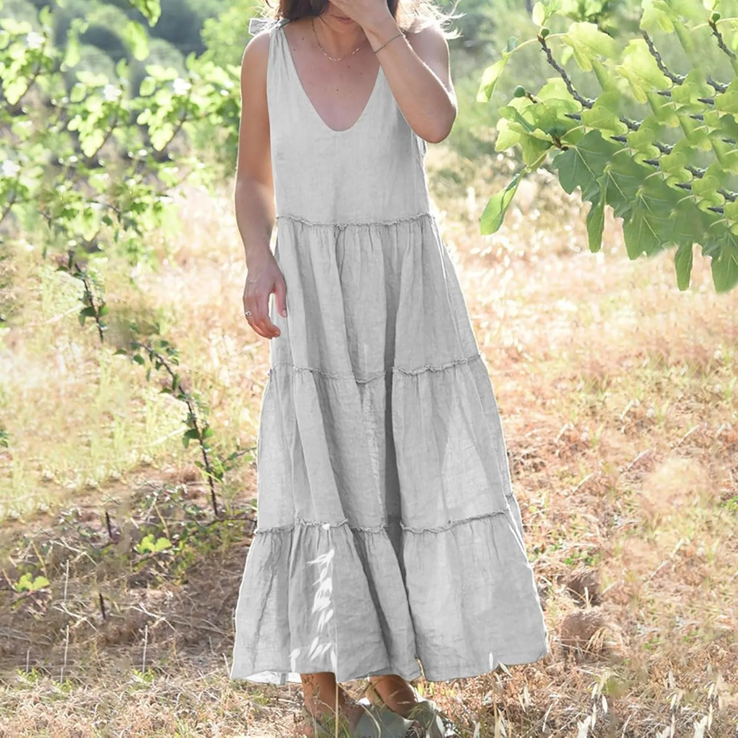 Linen Sundresses for Women 2025 Vacation Tie Shoulder V Neck Tiered Maxi Dress Flowy Summer Long Beach Sundress