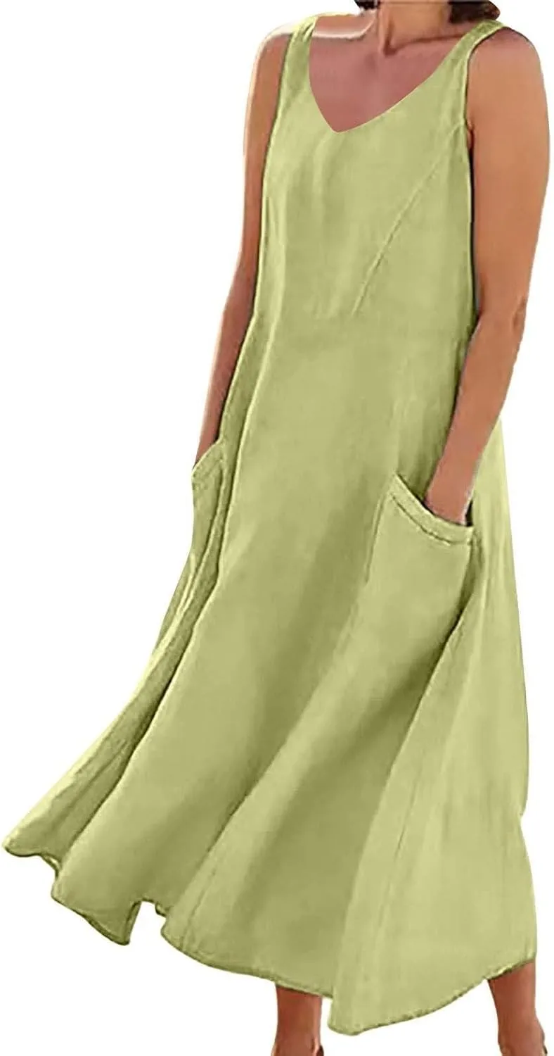 Long Dress Sleeveless Women's Summer Casual Sleeveless Long Maxi Beach Dress 100 Linen Dresses Linen Dress with