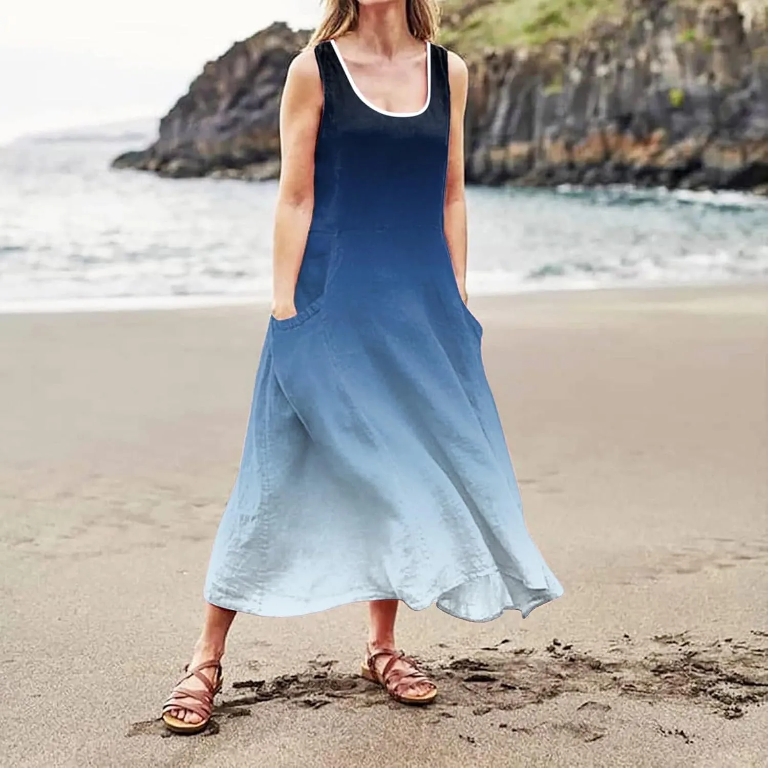 Long Dress Sleeveless Women's Summer Casual Sleeveless Long Maxi Beach Dress 100 Linen Dresses Linen Dress with