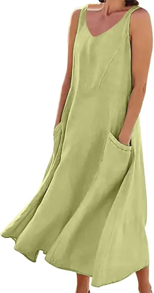 Long Dress Sleeveless Women's Summer Casual Sleeveless Long Maxi Beach Dress 100 Linen Dresses Linen Dress with