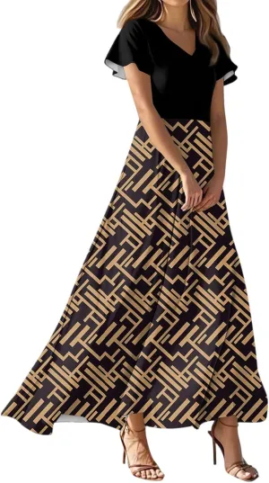 Long Maxi Dresses for Women Elegant 2025 Vacation V Neck Floral Summer Flowy Short Sleeve Empire Waist Dress