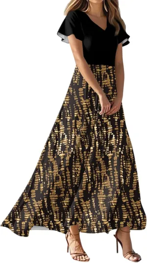 Long Maxi Dresses for Women Elegant 2025 Vacation V Neck Floral Summer Flowy Short Sleeve Empire Waist Dress