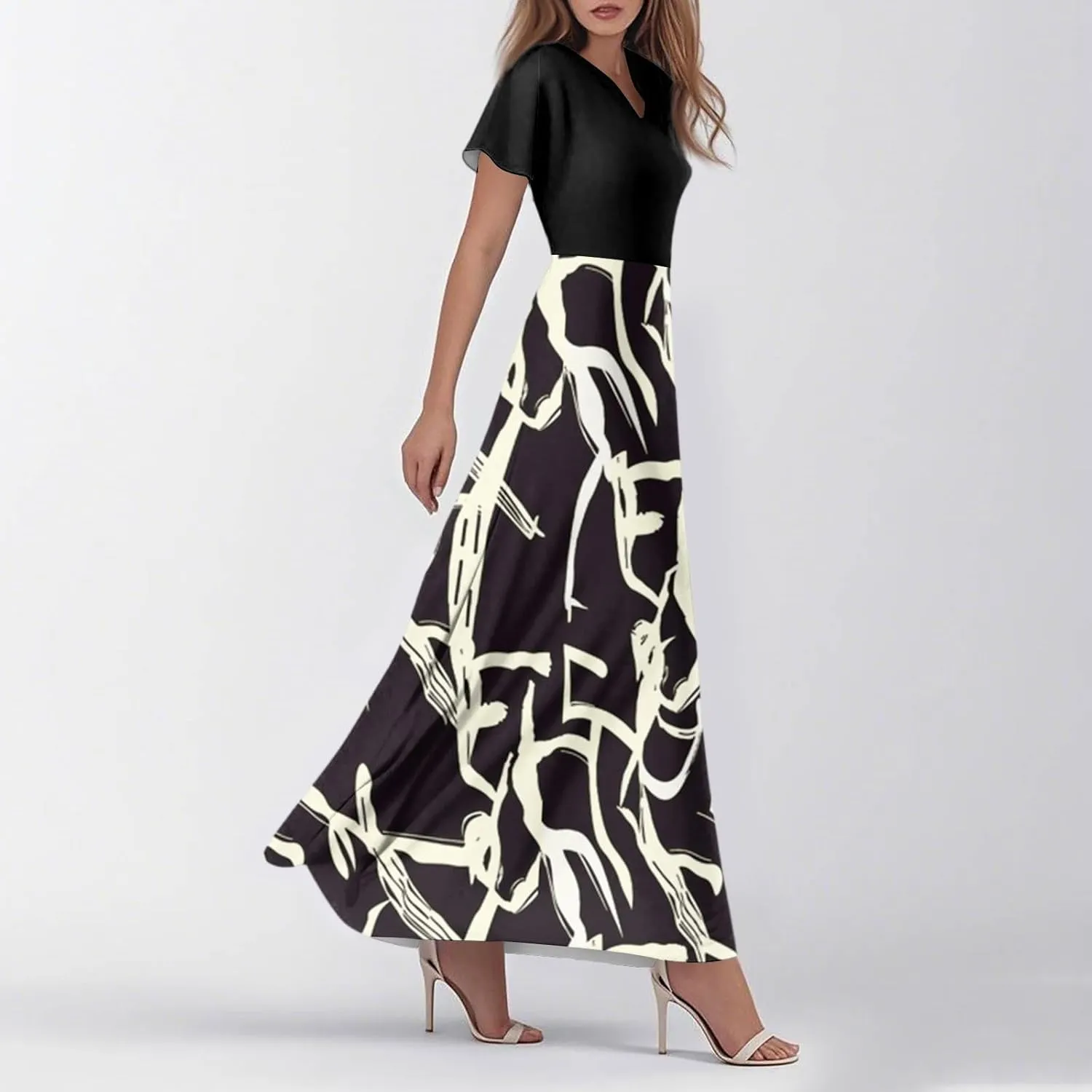 Long Maxi Dresses for Women Elegant 2025 Vacation V Neck Floral Summer Flowy Short Sleeve Empire Waist Dress