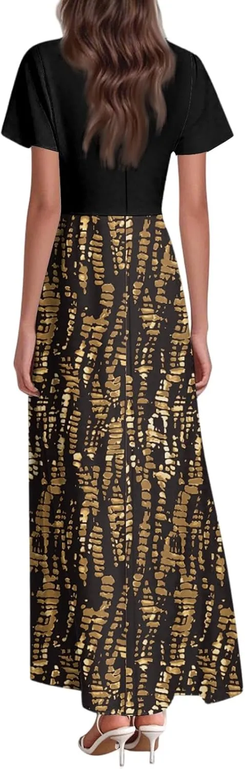 Long Maxi Dresses for Women Elegant 2025 Vacation V Neck Floral Summer Flowy Short Sleeve Empire Waist Dress