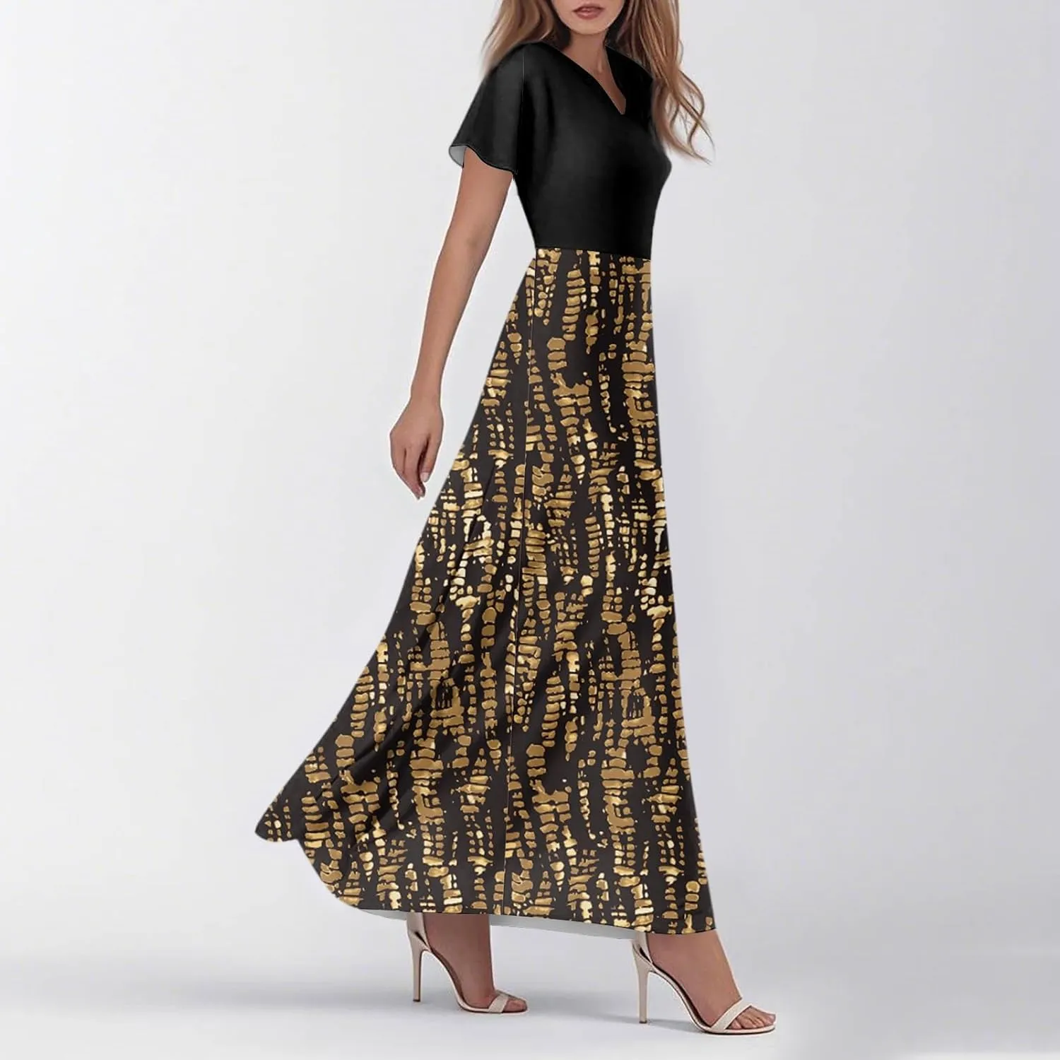 Long Maxi Dresses for Women Elegant 2025 Vacation V Neck Floral Summer Flowy Short Sleeve Empire Waist Dress