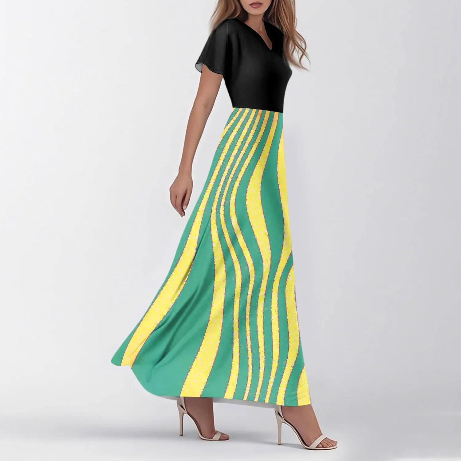 Long Maxi Dresses for Women Elegant 2025 Vacation V Neck Floral Summer Flowy Short Sleeve Empire Waist Dress