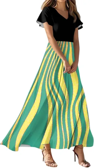 Long Maxi Dresses for Women Elegant 2025 Vacation V Neck Floral Summer Flowy Short Sleeve Empire Waist Dress