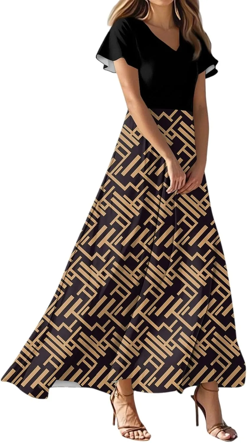 Long Maxi Dresses for Women Elegant 2025 Vacation V Neck Floral Summer Flowy Short Sleeve Empire Waist Dress