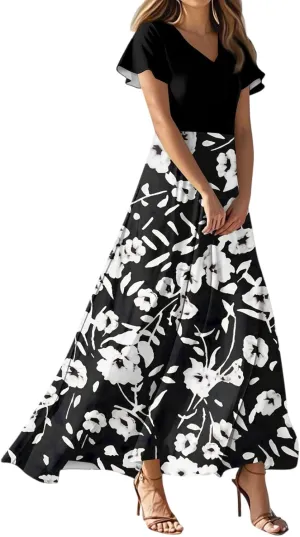 Long Maxi Dresses for Women Elegant 2025 Vacation V Neck Floral Summer Flowy Short Sleeve Empire Waist Dress